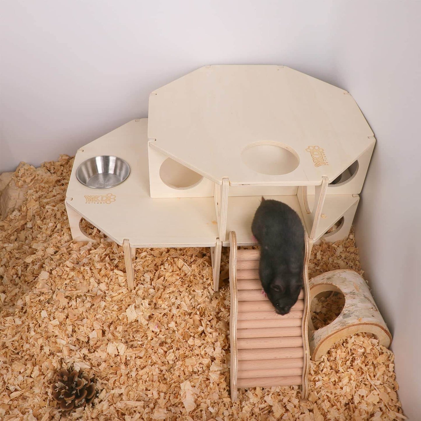 Multi Chamber Hamster House Maze, Natural Wood Small Animals Hideout