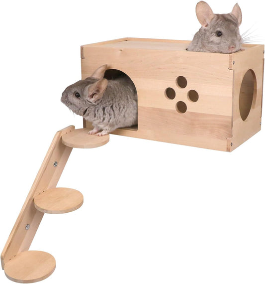 Chinchilla Wooden House with Ladder - Small Animal Hideout for Chinchilla Squirrel or Sugar Gliders - Ventilated Wooden Chinchilla Hut Hideout with Multiple Doors