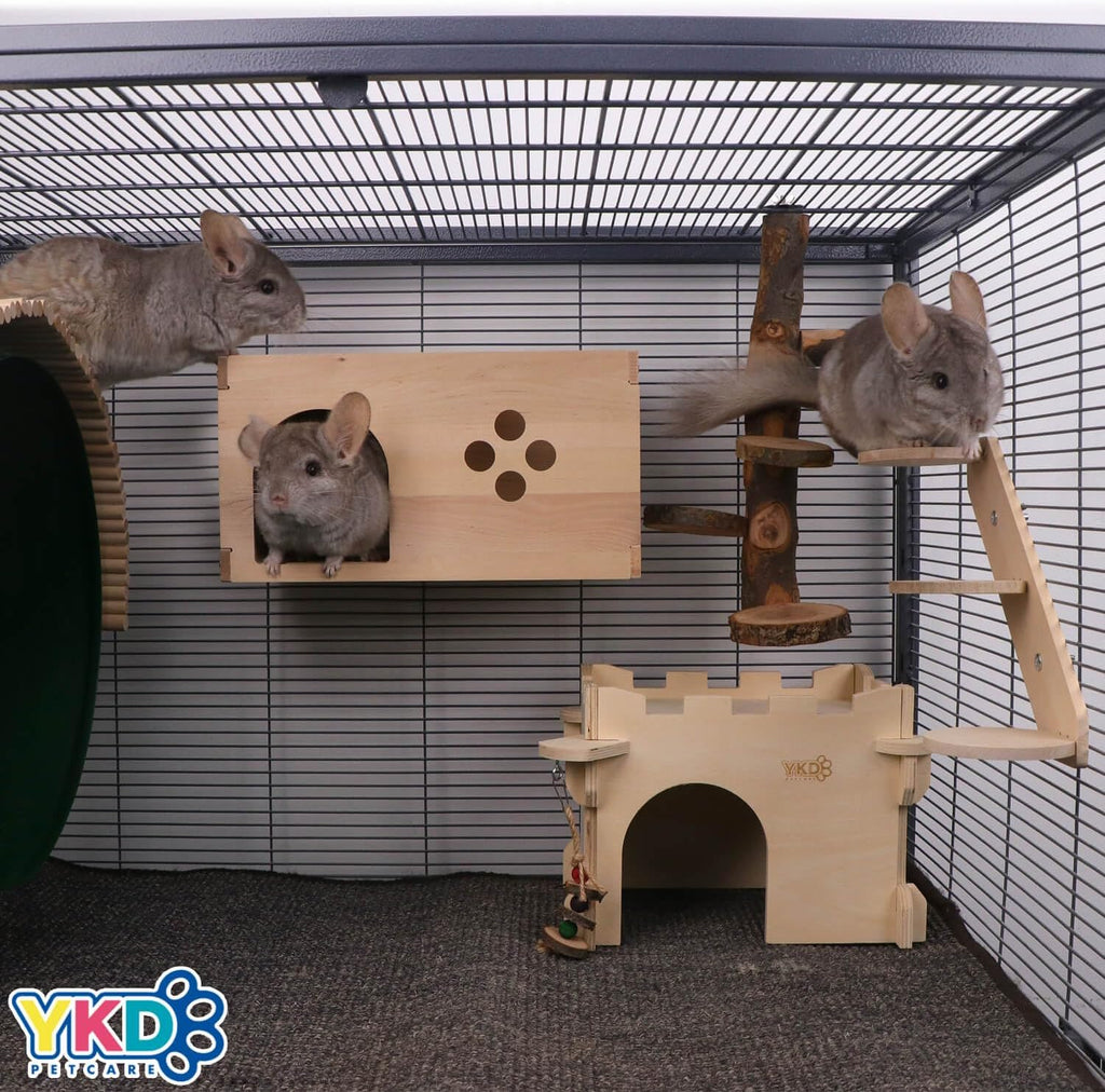 Chinchilla Wooden House with Ladder - Small Animal Hideout for Chinchilla Squirrel or Sugar Gliders - Ventilated Wooden Chinchilla Hut Hideout with Multiple Doors
