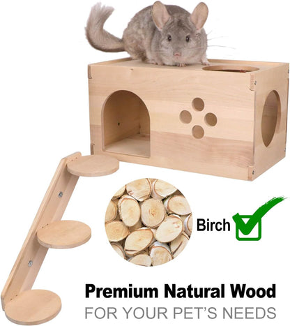 Chinchilla Wooden House with Ladder - Small Animal Hideout for Chinchilla Squirrel or Sugar Gliders - Ventilated Wooden Chinchilla Hut Hideout with Multiple Doors