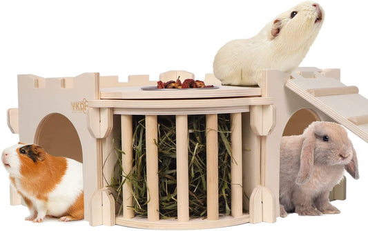 Large Guinea Pig Castle, Natural Wood Rabbit House with Ladder and Hay Feeder, Small Animal Hideout for Rabbit Guinea Pig Hedgehog