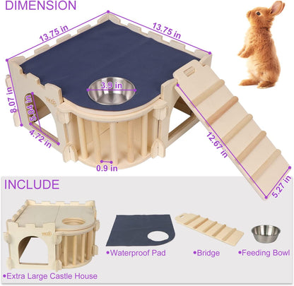 Large Guinea Pig Castle, Natural Wood Rabbit House with Ladder and Hay Feeder, Small Animal Hideout for Rabbit Guinea Pig Hedgehog