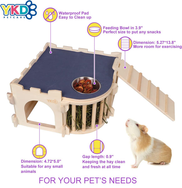 Large Guinea Pig Castle, Natural Wood Rabbit House with Ladder and Hay Feeder, Small Animal Hideout for Rabbit Guinea Pig Hedgehog Chinchilla
