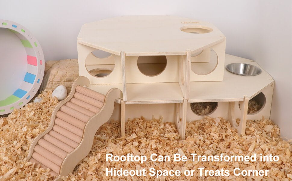 Multi Chamber Hamster House Maze, Natural Wood Small Animals Hideout